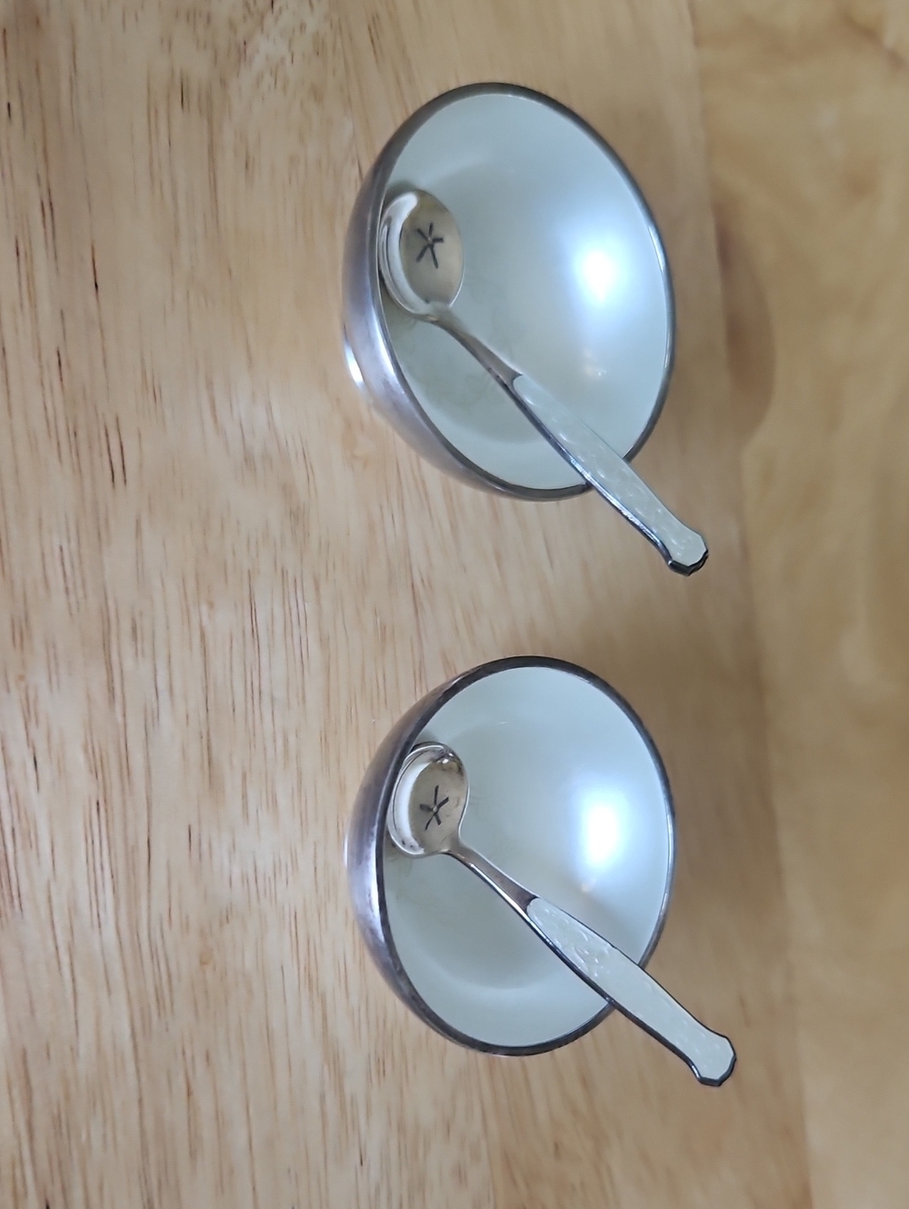Pair of Meka Denmark Silver- Mother Of Pearl Salt Cellars with Spoons